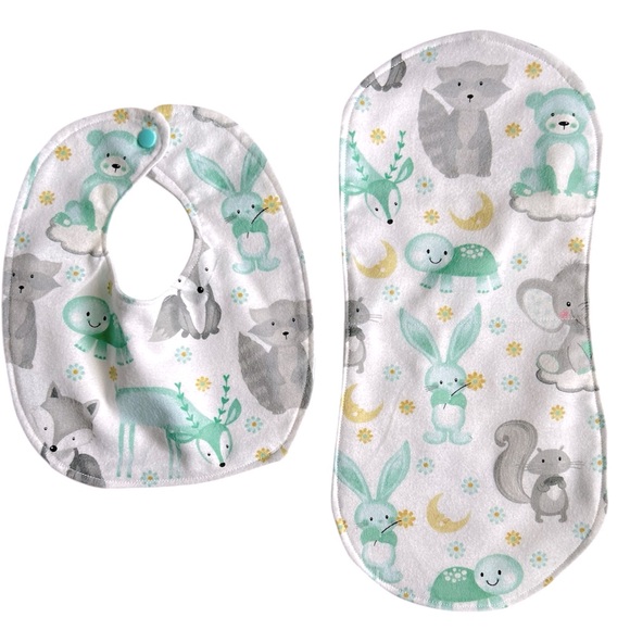 Handmade Other - Hand Crafted Newborn Gift Set Bib And Burpcloth Soft Flannel Woodland Creatures